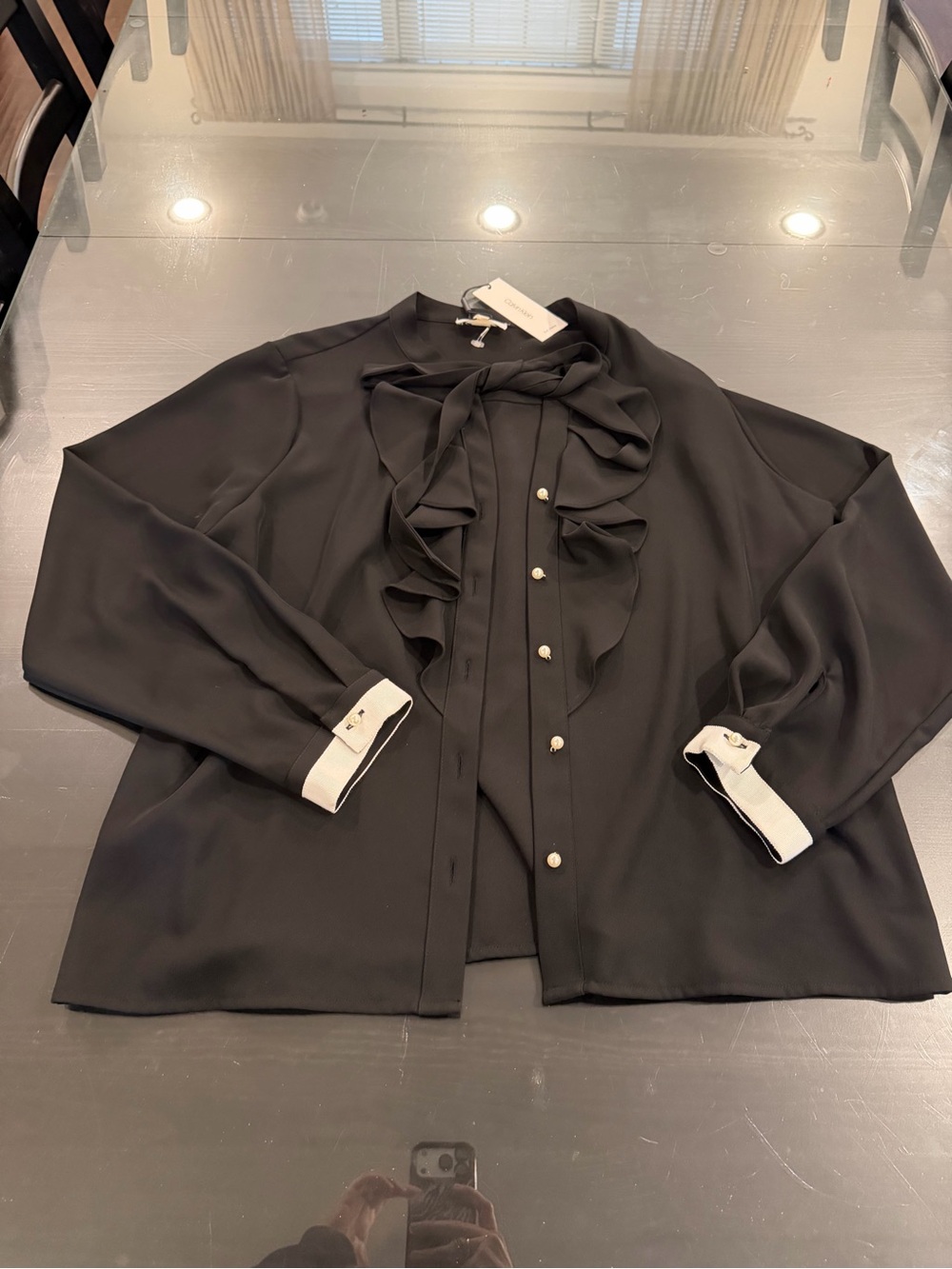 NWT Black Ruffle Front Blouse with Contrast Cuff- Calvin Klein
